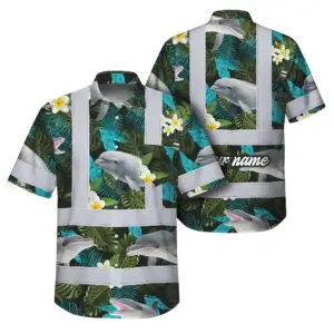 Hi Vis Hawaiian Shirt Reflective Tapes Green Flowers Dolphin Custom Name Safety Workwear For Workers, Truckers, Operators, Company