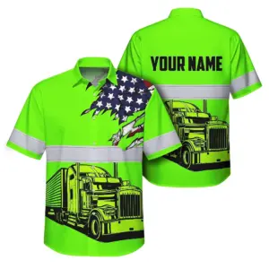 Hi Vis Hawaiian Shirt Reflective Tapes Green Gradient Semi Truck Driver Custom