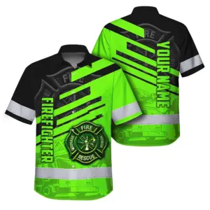Hi Vis Hawaiian Shirt Reflective Tapes Green Neon Firefighter Custom Name Safety