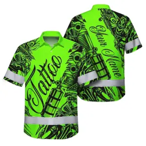 Hi Vis Hawaiian Shirt Reflective Tapes Green Neon Tattoo Custom Name Safety