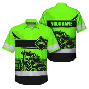Hi Vis Hawaiian Shirt Reflective Tapes Green Neon Tractor On The Farm Custom Name