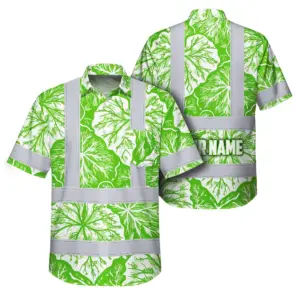Hi Vis Hawaiian Shirt Reflective Tapes Green Neon White Flowers Custom Name Safety Workwear For Workers, Truckers, Operators