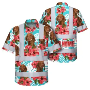 Hi Vis Hawaiian Shirt Reflective Tapes Green Pink Flowers Custom Name And Pet Image Safety Workwear For Workers, Truckers, Operators