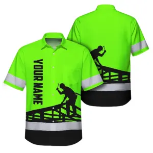 Hi Vis Hawaiian Shirt Reflective Tapes Green Roofer Custom Name Safety Workwear
