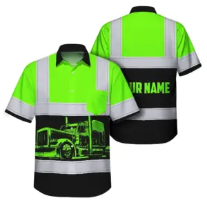 Hi Vis Hawaiian Shirt Reflective Tapes Green Semi Truck Driver Custom Name Safety