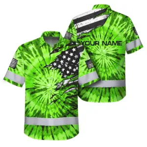 Hi Vis Hawaiian Shirt Reflective Tapes Green Tie Dye US Flag Scratch Custom Name Safety Workwear For Workers, Runners, Cyclists