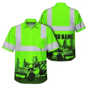 Hi Vis Hawaiian Shirt Reflective Tapes Green Tow Truck Driver Custom Name Safety