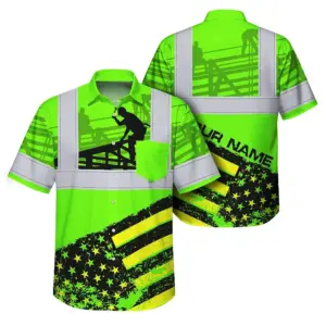 Hi Vis Hawaiian Shirt Reflective Tapes Green US Flag Roofer Custom Name