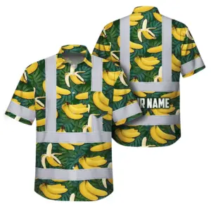 Hi Vis Hawaiian Shirt Reflective Tapes Green Yellow Banana Custom Name Safety Workwear For Workers, Truckers, Operators