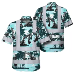 Hi Vis Hawaiian Shirt Reflective Tapes Grey Excavator Custom Name Safety Workwear For Workers, Truckers, Operators