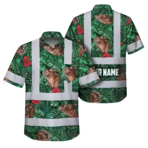Hi Vis Hawaiian Shirt Reflective Tapes Hippo Flowers Custom Name Safety Workwear For Workers, Truckers, Operators