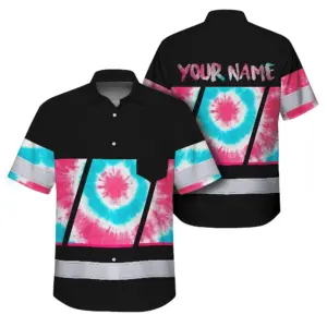 Hi Vis Hawaiian Shirt Reflective Tapes Light Blue Pink Tie Dye Custom Name Safety Workwear For Workers, Runners, Cyclists