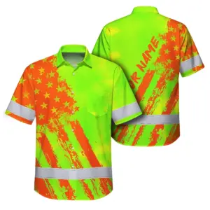 Hi Vis Hawaiian Shirt Reflective Tapes Lime Neon And Orange US Flag Custom Name
