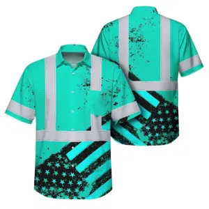 Hi Vis Hawaiian Shirt Reflective Tapes Mint Neon USA Flag Safety Workwear