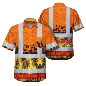 Hi Vis Hawaiian Shirt Reflective Tapes Orange Concrete Mixer Truck Custom Name Safety Workwear For Workers, Truckers, Operators