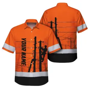 Hi Vis Hawaiian Shirt Reflective Tapes Orange Electrician Custom Name Safety