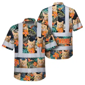 Hi Vis Hawaiian Shirt Reflective Tapes Orange Flowers Custom Name And Pet Image Safety Workwear For Workers, Truckers, Operators