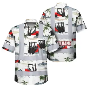 Hi Vis Hawaiian Shirt Reflective Tapes Orange Forklift  Custom Name Safety Workwear For Workers, Truckers, Operators