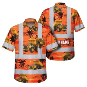 Hi Vis Hawaiian Shirt Reflective Tapes Orange Neon Dump Truck Custom Name Safety Workwear For Workers, Truckers, Operators
