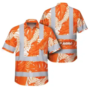 Hi Vis Hawaiian Shirt Reflective Tapes Orange Neon Flowers Custom Name Safety Workwear For Workers, Truckers, Operators