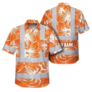 Hi Vis Hawaiian Shirt Reflective Tapes Orange Neon Flowers Custom Name Safety Workwear For Workers, Truckers, Operators