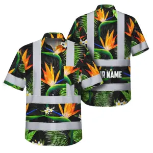 Hi Vis Hawaiian Shirt Reflective Tapes Orange Neon Green Flowers Custom Name Safety Workwear For Workers, Truckers, Operators