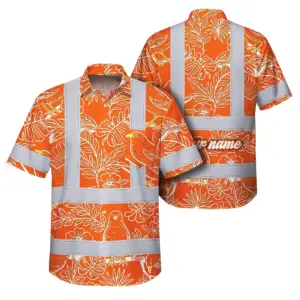 Hi Vis Hawaiian Shirt Reflective Tapes Orange Neon White 2 Flowers Custom Name Safety Workwear For Workers, Truckers, Operators