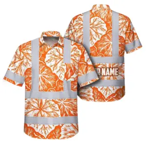 Hi Vis Hawaiian Shirt Reflective Tapes Orange Neon White Flowers Custom Name Safety Workwear For Workers, Truckers, Operators