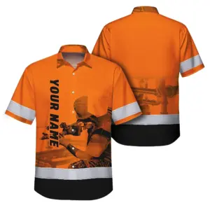 Hi Vis Hawaiian Shirt Reflective Tapes Orange Plumber Custom Name Safety Workwear