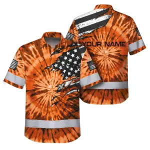 Hi Vis Hawaiian Shirt Reflective Tapes Orange Tie Dye US Flag Scratch Custom Name Safety Workwear For Workers, Runners, Cyclists