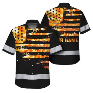 Hi Vis Hawaiian Shirt Reflective Tapes Orange Tie Dye US Flag Custom Name