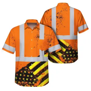 Hi Vis Hawaiian Shirt Reflective Tapes Orange USA Flag Safety Workwear