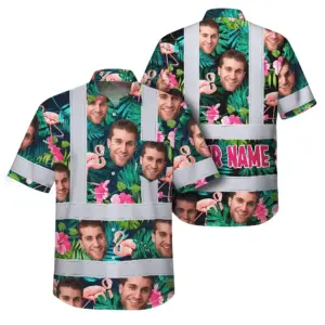 Hi Vis Hawaiian Shirt Reflective Tapes Pink And Green 2 Custom Name And Photo Safety Workwear For Workers, Truckers, Operators