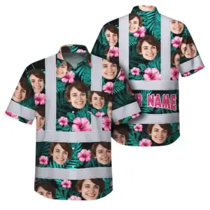 Hi Vis Hawaiian Shirt Reflective Tapes Pink And Green Custom Name And Photo Safety Workwear For Workers, Truckers, Operators