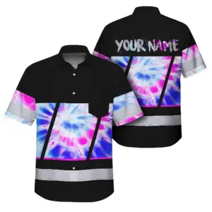 Hi Vis Hawaiian Shirt Reflective Tapes Pink Blue Tie Dye Custom Name Safety Workwear For Workers, Runners, Cyclists