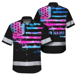 Hi Vis Hawaiian Shirt Reflective Tapes Pink Blue Tie Dye US Flag Custom Name