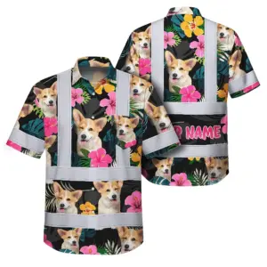 Hi Vis Hawaiian Shirt Reflective Tapes Pink Flowers Custom Name And Pet Image Safety Workwear For Workers, Truckers, Operators