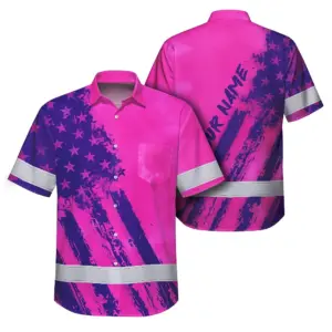 Hi Vis Hawaiian Shirt Reflective Tapes Pink Neon And Violet US Flag Custom Name