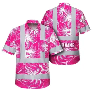 Hi Vis Hawaiian Shirt Reflective Tapes Pink Neon Flowers Custom Name Safety Workwear For Workers, Truckers, Operators