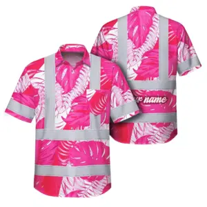 Hi Vis Hawaiian Shirt Reflective Tapes Pink Neon Flowers Custom Name Safety Workwear For Workers, Truckers, Operators