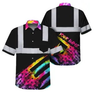 Hi Vis Hawaiian Shirt Reflective Tapes Rainbow Flag Tie Dye Custom Name Safety Workwear For Workers, Runners, Cyclists