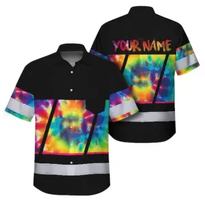 Hi Vis Hawaiian Shirt Reflective Tapes Rainbow Tie Dye Custom Name Safety Workwear For Workers, Runners, Cyclists