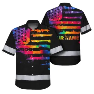 Hi Vis Hawaiian Shirt Reflective Tapes Rainbow Tie Dye US Flag Custom Name