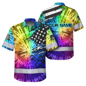 Hi Vis Hawaiian Shirt Reflective Tapes Rainbow Tie Dye US Flag Scratch Custom Name Safety Workwear For Workers, Runners, Cyclists