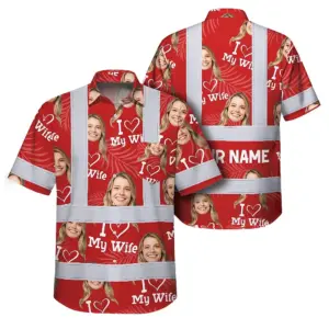 Hi Vis Hawaiian Shirt Reflective Tapes Red Custom Name And Photo Safety Workwear For Workers, Truckers, Operators