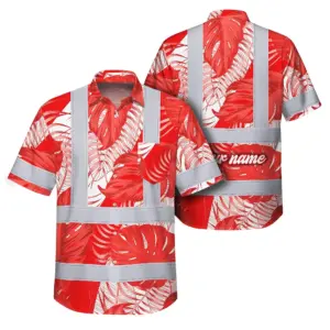 Hi Vis Hawaiian Shirt Reflective Tapes Red Neon Flowers Custom Name Safety Workwear For Workers, Truckers, Operators