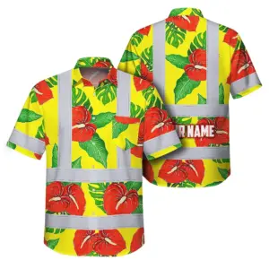 Hi Vis Hawaiian Shirt Reflective Tapes Red Neon Green Flowers Custom Name Safety Workwear For Workers, Truckers, Operators