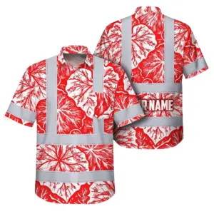 Hi Vis Hawaiian Shirt Reflective Tapes Red Neon White Flowers Custom Name Safety Workwear For Workers, Truckers, Operators