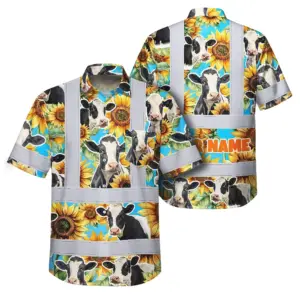 Hi Vis Hawaiian Shirt Reflective Tapes Sunflower Cow Custom Name Safety Workwear For Workers, Truckers, Operators