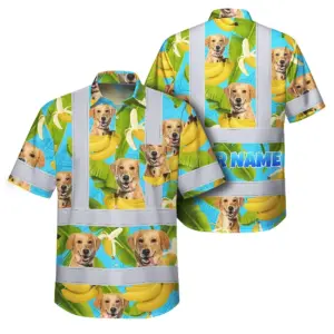 Hi Vis Hawaiian Shirt Reflective Tapes Tropical Banana Custom Name And Pet Image Safety Workwear For Workers, Truckers, Operators